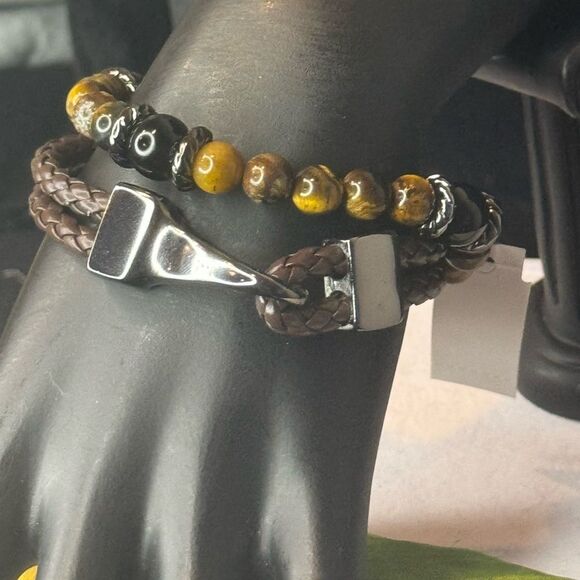 Guess 2 Piece Brown Leather & Marble Stretch Bracelet Unisex - Picture 1 of 6